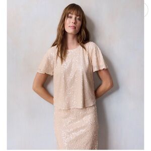 Lauren Conrad woven sequin crew neck top blouse peach nude size small